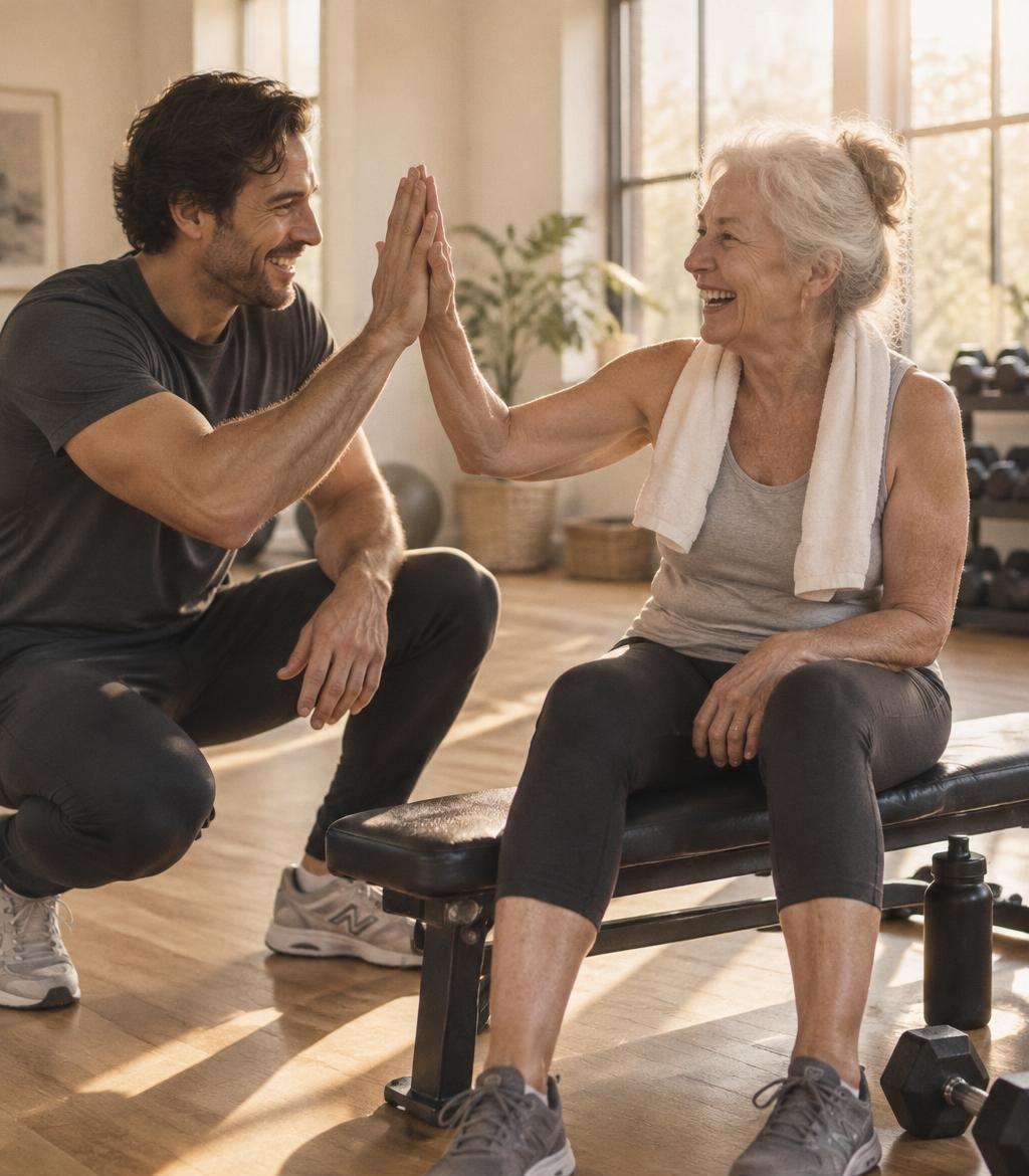 A trainer and an older woman sharing a high-five during a workout